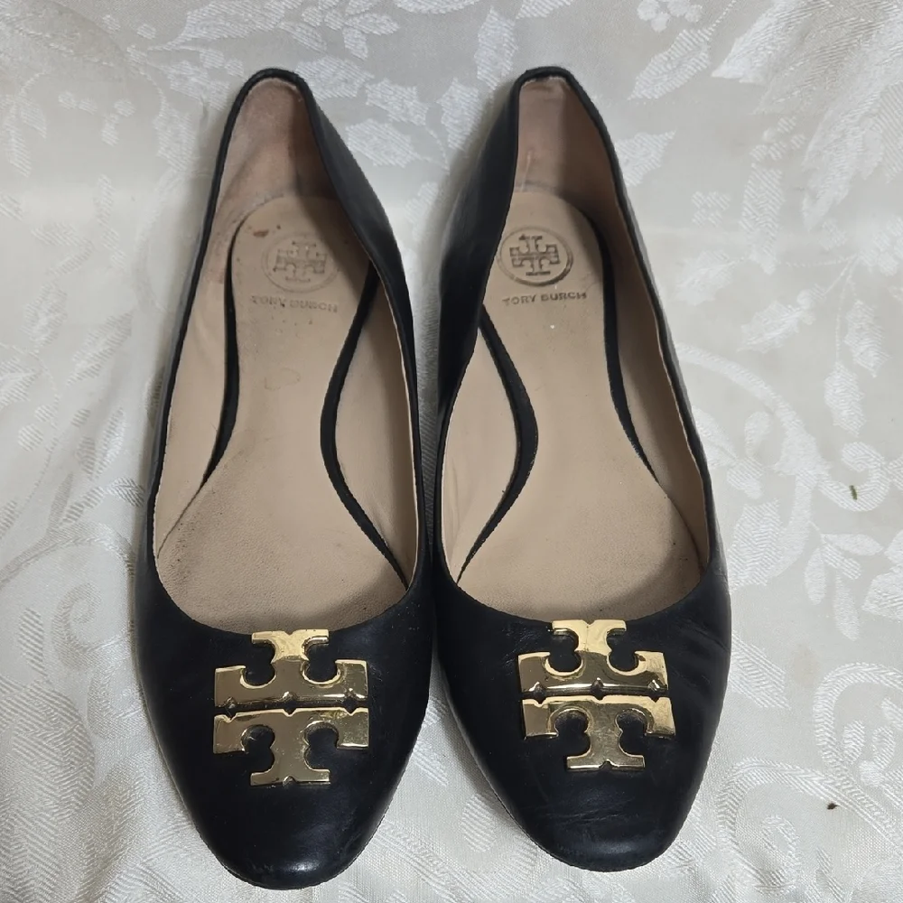 Tory Burch Black Leather Lowell Ballet Flats with Gold Emblem